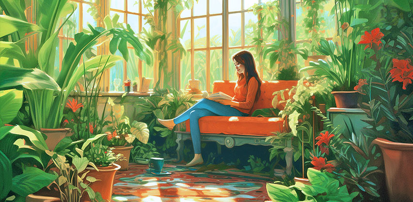 Persephone's Quest for a Green Thumb - A girl sits in a sunroom full of plants