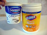 32oz Dannon Yogurt vs 105cnt Clorox Wipes Containers