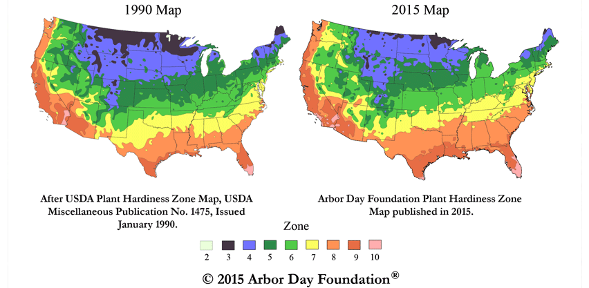 Arbor Day Foundation USDA Hardiness Zone Map Changes From 1990 to 2012