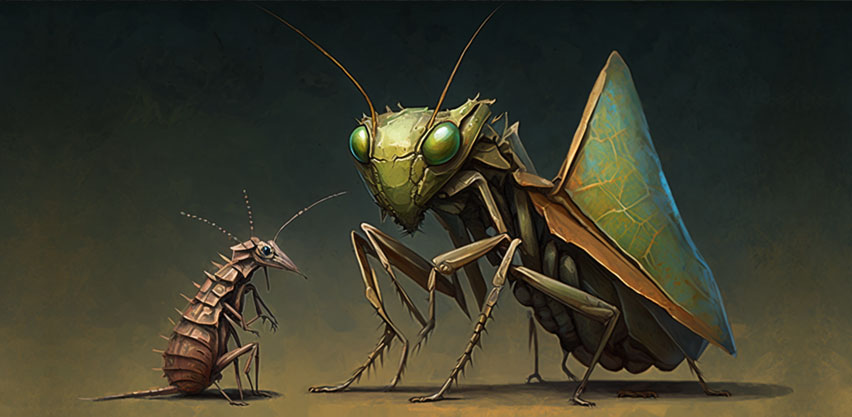 Monstrous Alien Praying Mantis Creature Preparing to Feast on a Bug