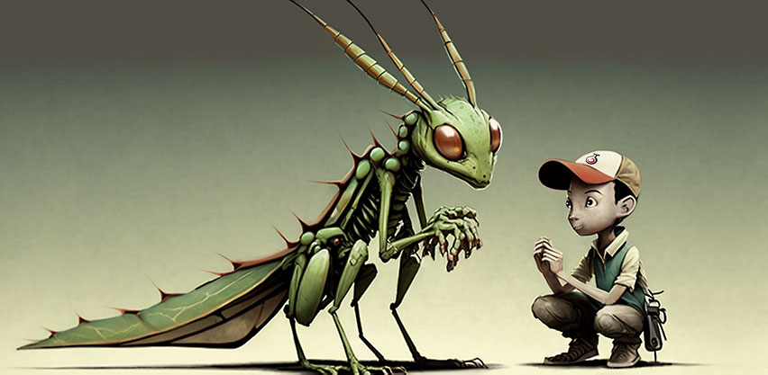 Pokemantis Young Boy with Pet Praying Mantis Monster