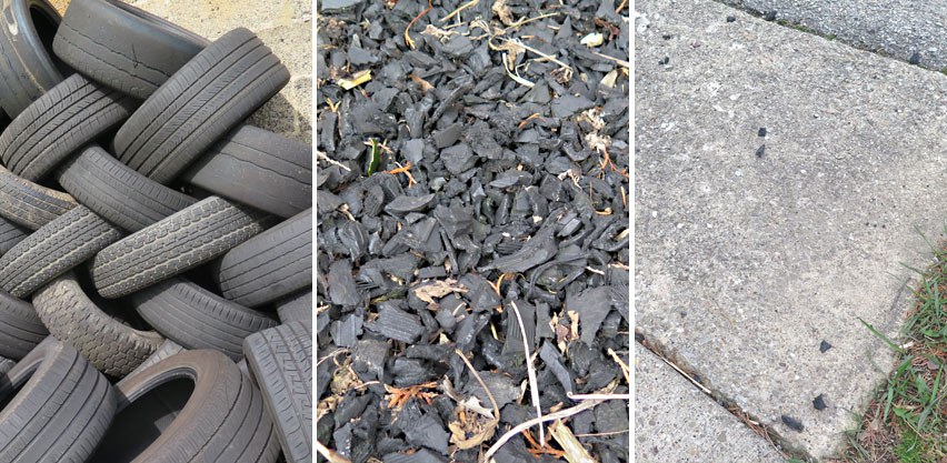 Old Tires Recycled into Rubber Mulch Which Litters the Sidewalk