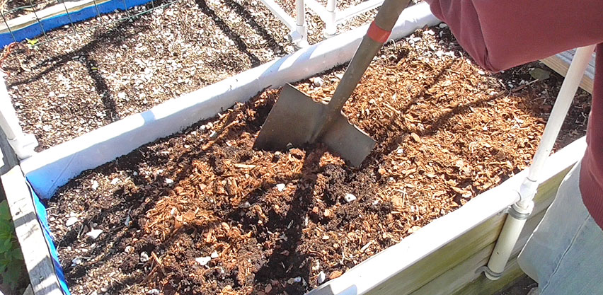 Refreshing Old Potting Mix by Adding Pine Bark Mulch with Shovel