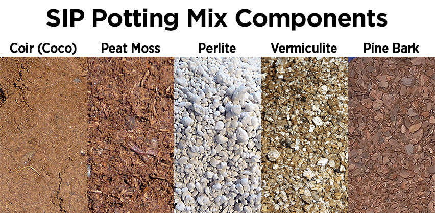 SIP Potting Mix Components - Coir, Peat Moss, Perlite, Vermiculite, Pine Bark